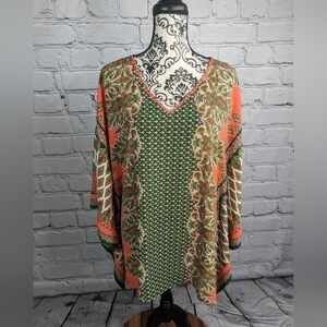 Belle women's 3/4 length sleeve popover size 1x floral print top semi sheer bb20